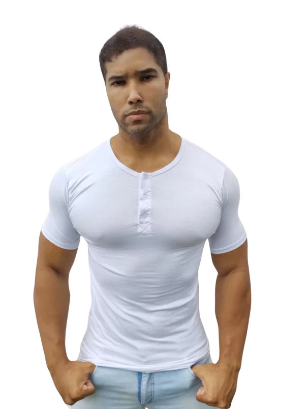 Camiseta masculina henley manga curta branca