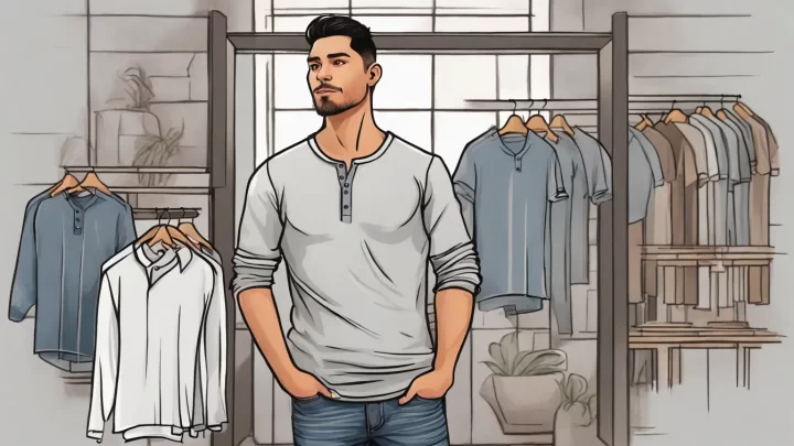 Jovem hispânico usando camiseta Henley cinza clara e jeans escuro, em uma boutique com várias camisetas Henley ao fundo.