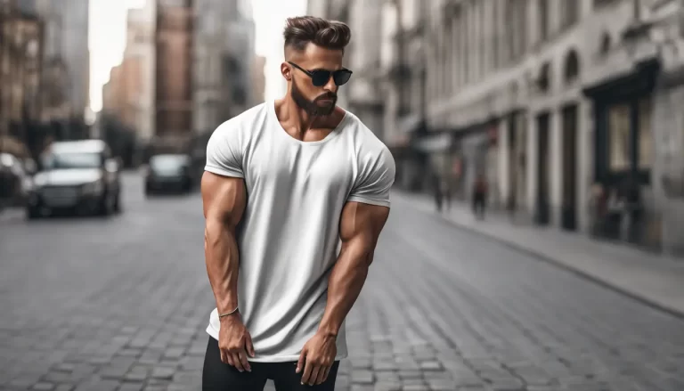 Homem musculoso usando camiseta oversized da Versace em cenário urbano, destacando estilo e moda masculina.