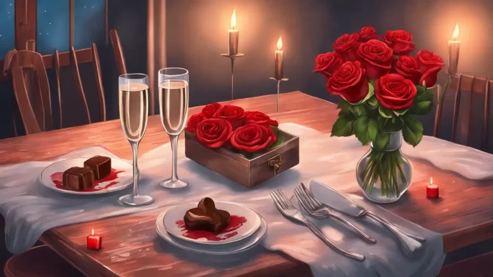 Mesa romântica para dois com caixa de chocolates em forma de coração, champanhe e buquê de rosas vermelhas, ideal para o Dia dos Namorados.