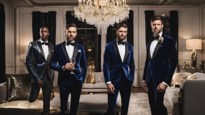 Homens elegantes em trajes de festa de fim de ano, vestindo ternos sofisticados, com decoração luxuosa ao fundo.