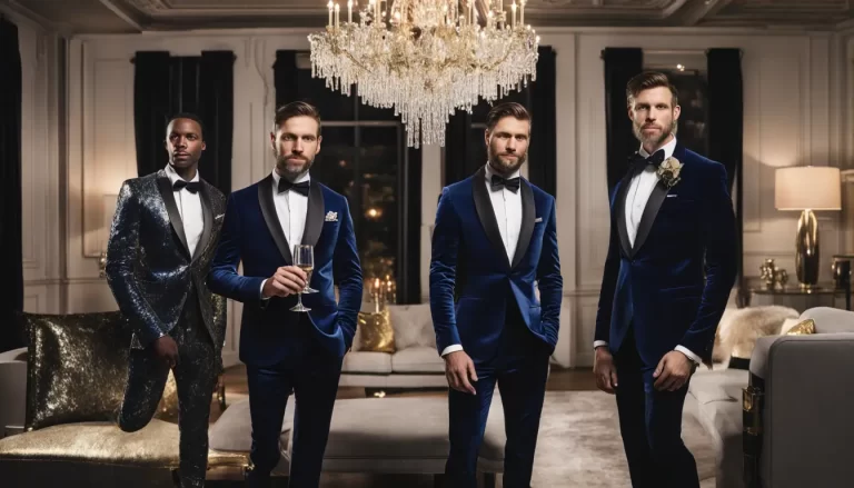 Homens elegantes em trajes de festa de fim de ano, vestindo ternos sofisticados, com decoração luxuosa ao fundo.