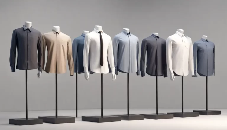 Coleção de manequins masculinos exibindo camisas para diferentes ocasiões em 2024, em uma boutique elegante e minimalista.