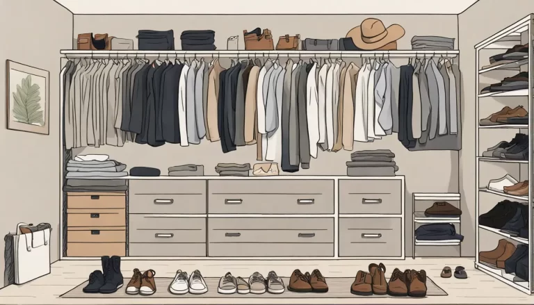 Guarda-roupa cápsula masculino organizado com camisas, calças e acessórios dispostos de forma minimalista.