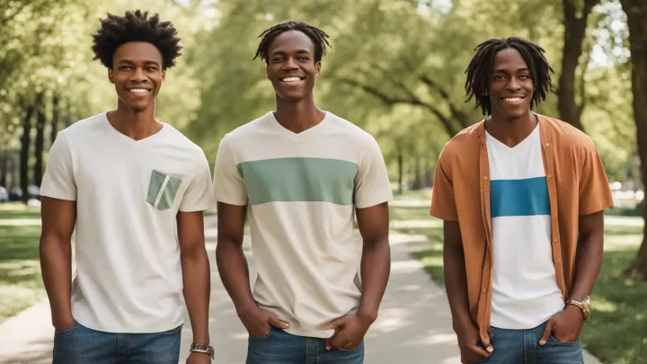 Três homens jovens usando camisetas estilosas e confortáveis, em um parque urbano ensolarado, ideal para inspirar a escolha de camisetas masculinas.