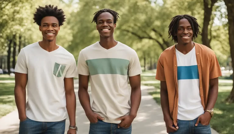 Três homens jovens usando camisetas estilosas e confortáveis, em um parque urbano ensolarado, ideal para inspirar a escolha de camisetas masculinas.