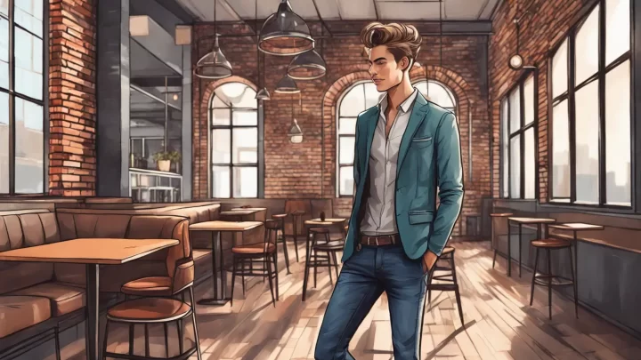 Jovem estiloso em traje casual chic com blazer e jeans, em um café urbano moderno.