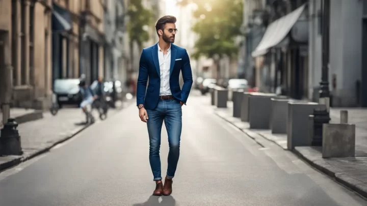 Jovem elegante vestindo blazer azul marinho e jeans em uma rua movimentada da cidade, ideal para inspiração de moda masculina.