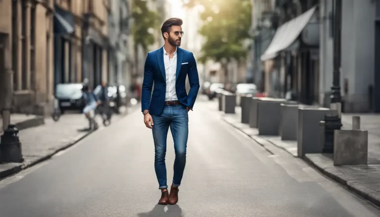 Jovem elegante vestindo blazer azul marinho e jeans em uma rua movimentada da cidade, ideal para inspiração de moda masculina.