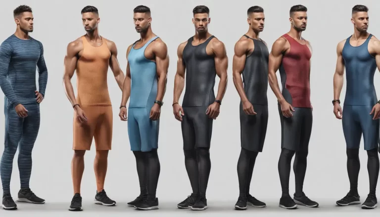 Manequim masculino vestido com roupa de ginástica moderna e funcional em um cenário de academia, ideal para ilustrar estilo e funcionalidade em vestuário esportivo.