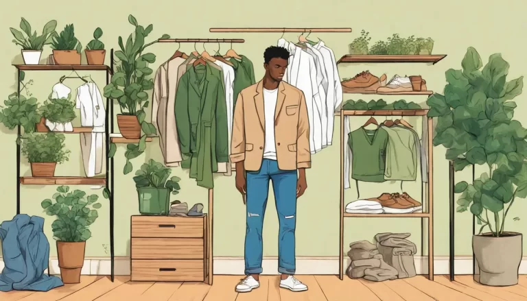 Homem jovem vestindo peças de moda masculina sustentável incluindo blazer de algodão orgânico e jeans reciclado, em um ambiente minimalista iluminado.