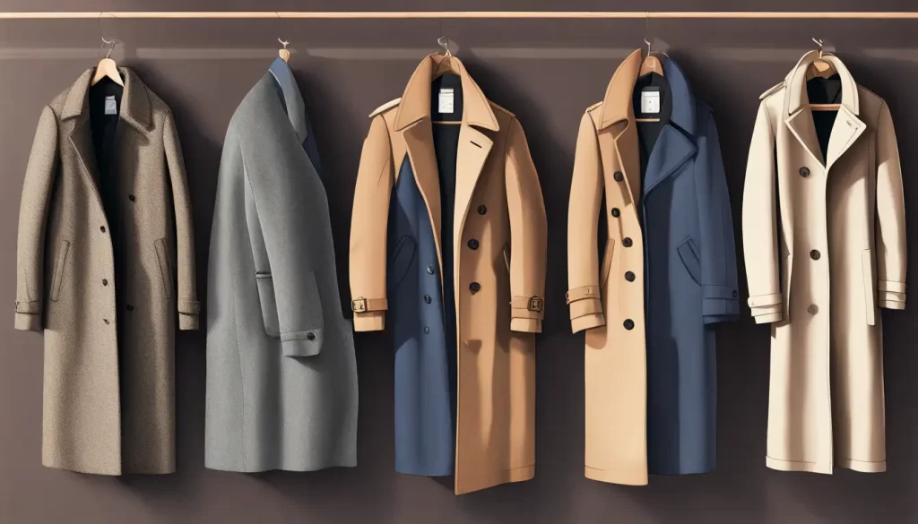 Vários estilos de casacos masculinos para o inverno, incluindo peacoat, trench coat, overcoat, parka e puffer, pendurados em um cabideiro de madeira.