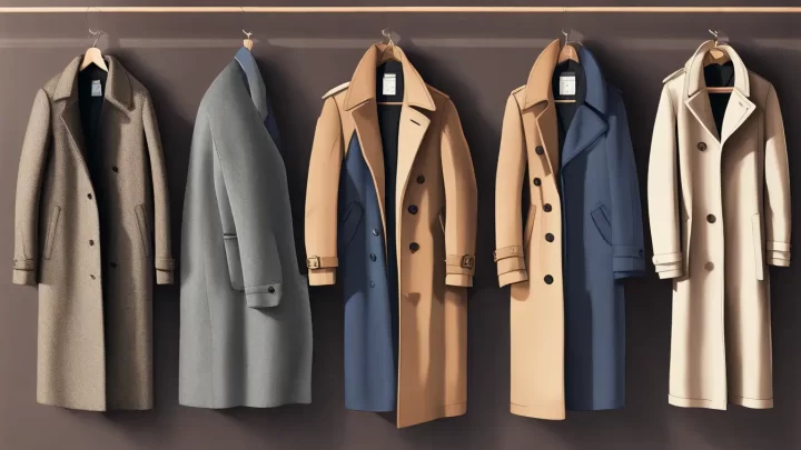 Vários estilos de casacos masculinos para o inverno, incluindo peacoat, trench coat, overcoat, parka e puffer, pendurados em um cabideiro de madeira.