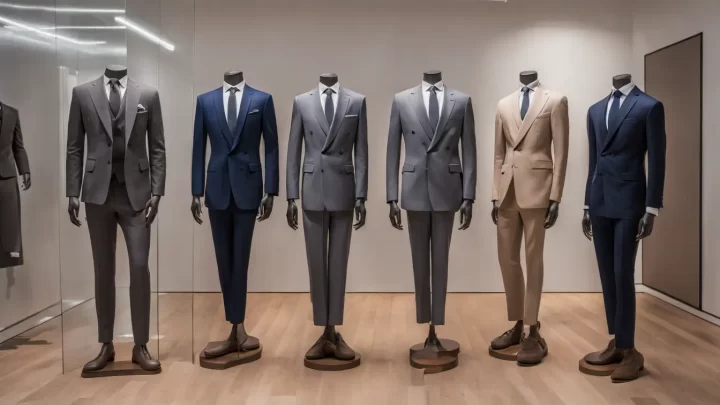 Manequins masculinos apresentando ternos modernos em um showroom, destacando as tendências de ternos masculinos para 2024.