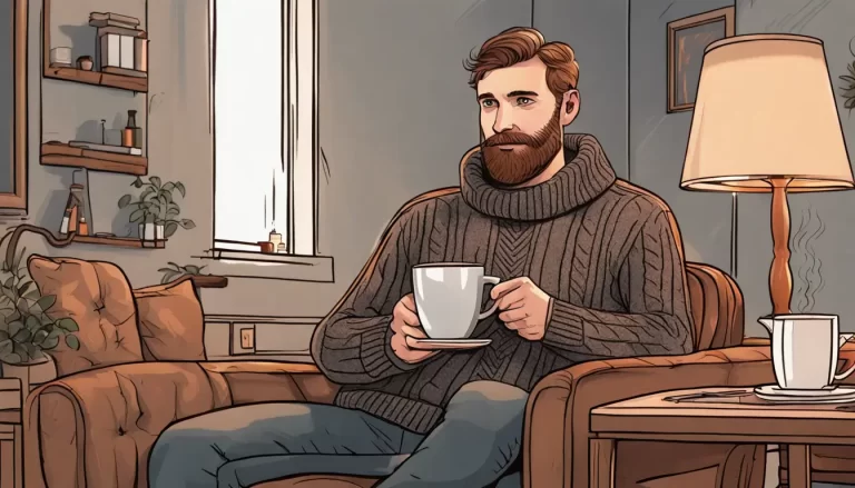 Homem usando suéter de tricô cinza escuro, ideal para inverno, em ambiente aconchegante com poltrona de couro e café.