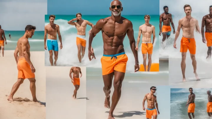 Homens na praia usando diferentes estilos de roupas de banho masculinas modernas para o verão de 2024, incluindo sunga neon, calção estampado e bermuda de secagem rápida.