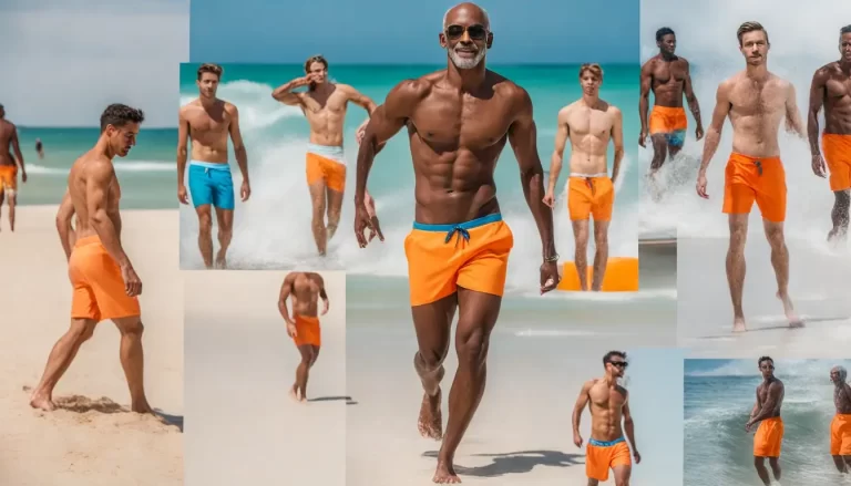 Homens na praia usando diferentes estilos de roupas de banho masculinas modernas para o verão de 2024, incluindo sunga neon, calção estampado e bermuda de secagem rápida.