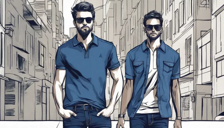 Homem vestindo uma camisa polo azul-marinho, calça jeans escura e tênis brancos, em uma cidade com edifícios modernos e árvores ao fundo.