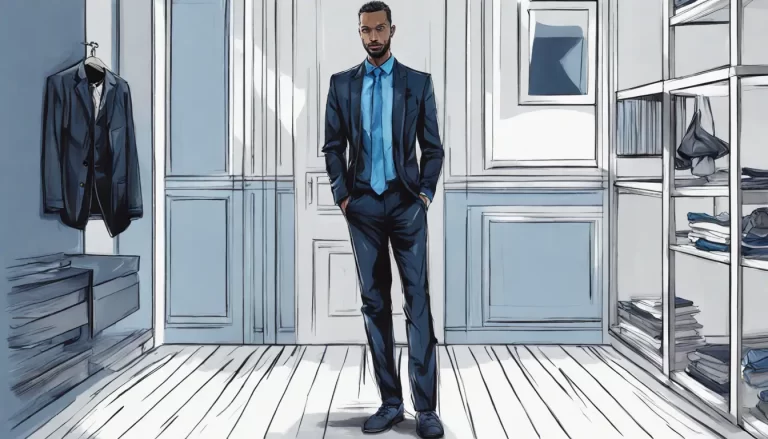 Homem de pé usando terno preto, camisa branca e gravata azul escura, representando o look perfeito para eventos formais.