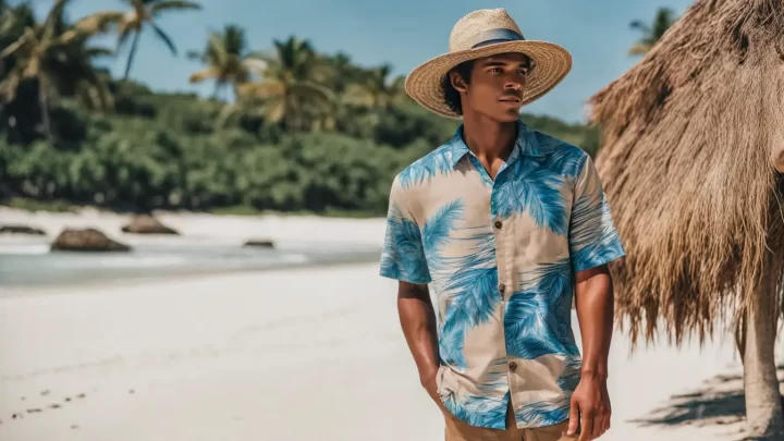 Homem jovem com chapéu de palha, camisa de linho branca, bermuda azul-escura e sandálias marrons segurando uma mala de couro em praia tropical, tendências de estilo masculino para viagens em 2024