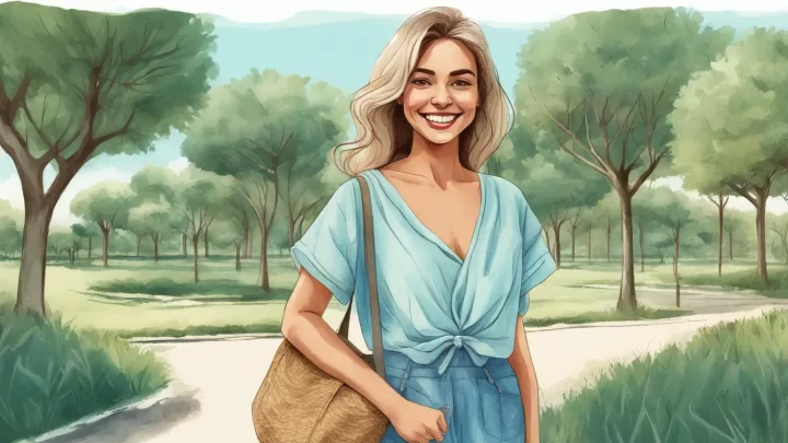 Mulher sorridente com roupas de verão elegantes e confortáveis em um parque ensolarado, perfeita para trabalho durante o verão.