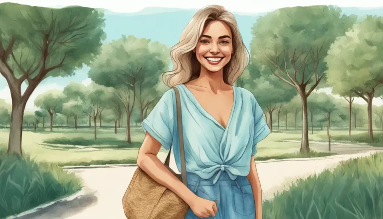 Mulher sorridente com roupas de verão elegantes e confortáveis em um parque ensolarado, perfeita para trabalho durante o verão.