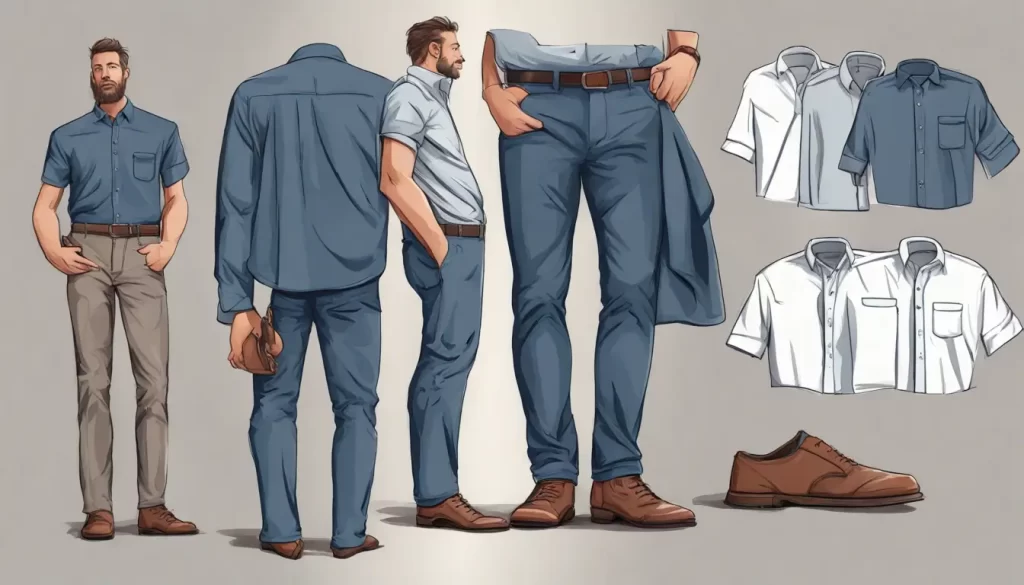 Homem baixo com roupa ajustada, camisa azul-marinho e calça slim-fit cinza, em frente a um espelho de corpo inteiro, valorizando a silhueta.