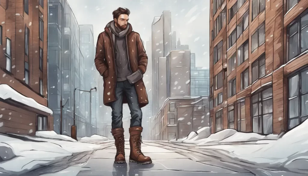 Homem usando botas de couro marrom escuro em uma calçada nevada em um cenário urbano moderno, destacando a moda de calçados masculinos para o inverno 2024.