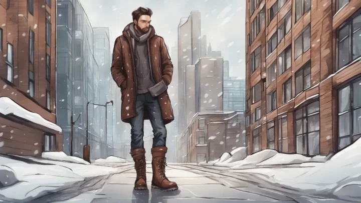 Homem usando botas de couro marrom escuro em uma calçada nevada em um cenário urbano moderno, destacando a moda de calçados masculinos para o inverno 2024.