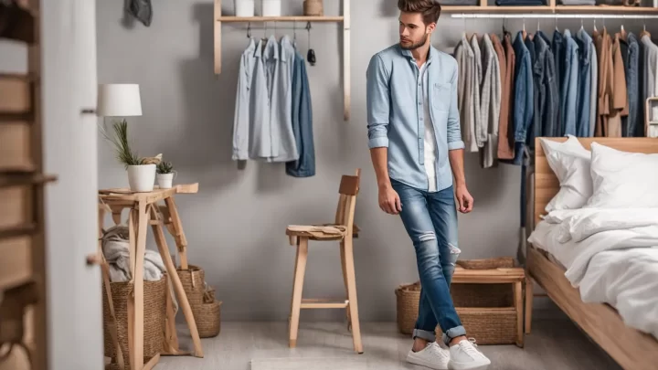 Homem cuidando de roupas masculinas em um quarto bem iluminado, dobrando roupas em uma tábua de passar com prateleiras organizadas ao fundo