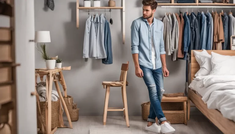 Homem cuidando de roupas masculinas em um quarto bem iluminado, dobrando roupas em uma tábua de passar com prateleiras organizadas ao fundo