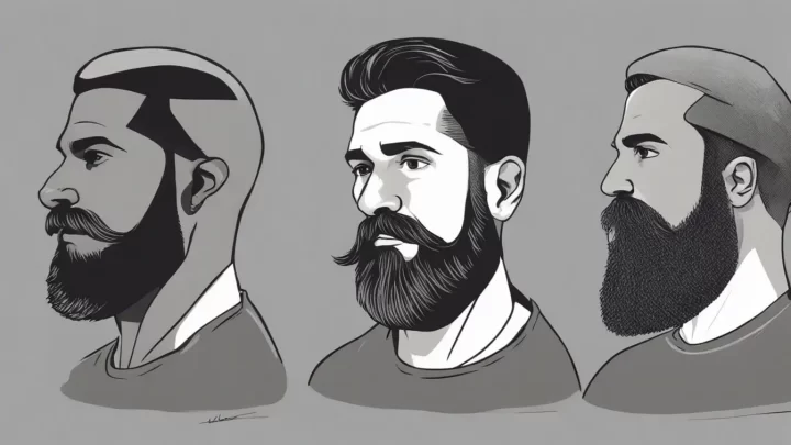 Homem jovem com rosto oval mostrando diferentes estilos de barba em um espelho grande, ideal para artigo sobre estilos de barba masculina para 2024.