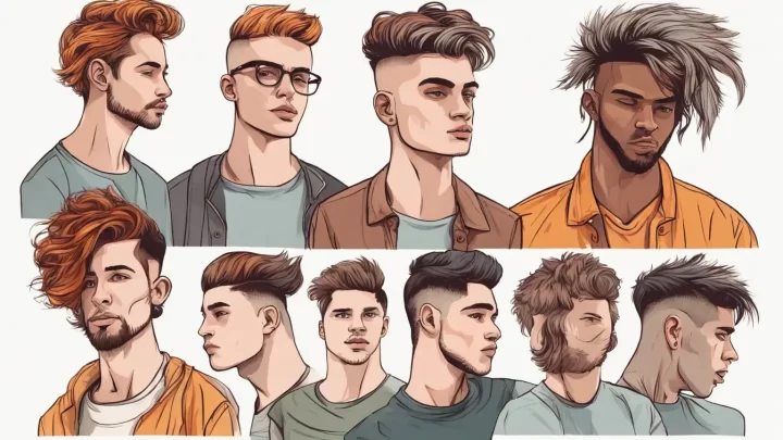 Homens jovens com cortes de cabelo masculinos modernos de 2024, incluindo undercut, fade, topete, cabelo cacheado e cabelo longo.