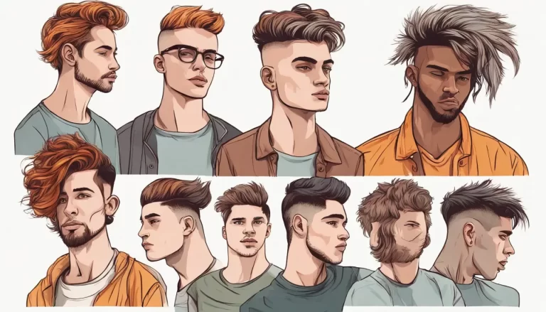 Homens jovens com cortes de cabelo masculinos modernos de 2024, incluindo undercut, fade, topete, cabelo cacheado e cabelo longo.