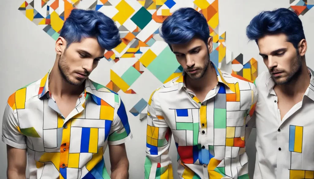 Homem vestindo camisa de time com design geométrico de blocos de cores vibrantes.