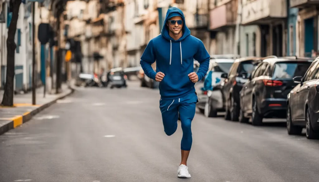 Homem jovem caminhando em uma rua urbana usando moletom azul escuro, camiseta branca, calças esportivas pretas e tênis de corrida brancos.