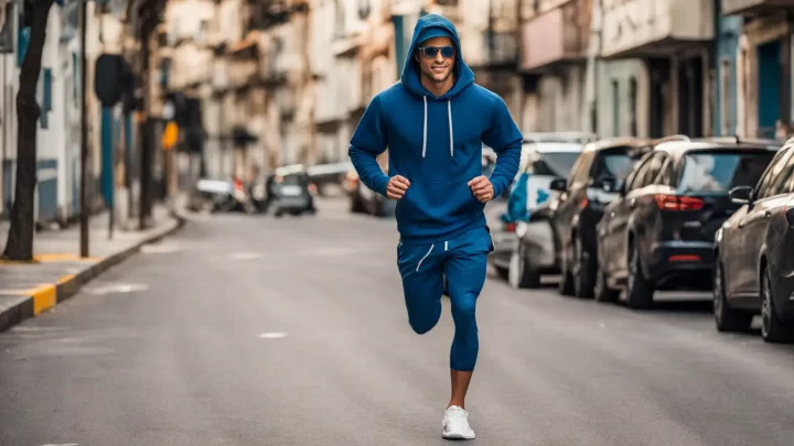 Homem jovem caminhando em uma rua urbana usando moletom azul escuro, camiseta branca, calças esportivas pretas e tênis de corrida brancos.