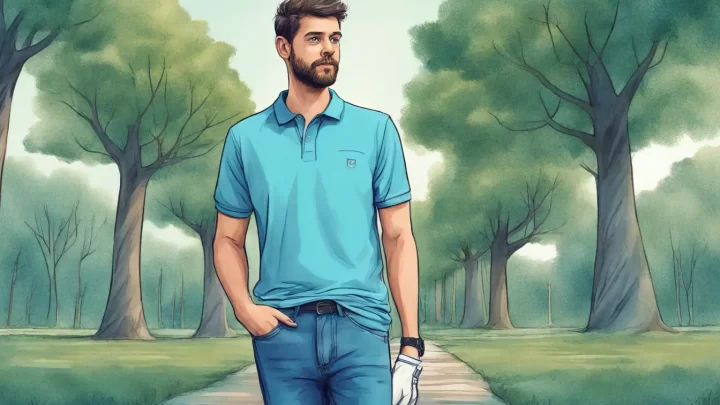 Homem em pé com camisa polo azul clara, calças jeans azuis escuras e tênis brancos em um parque verde com árvores e céu azul claro.