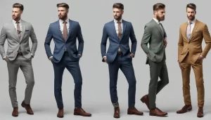 Homem em pé usando terno cinza ao lado de três manequins com ternos de diferentes estilos e cores em uma loja de roupas masculinas.