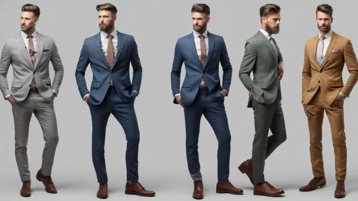 Homem em pé usando terno cinza ao lado de três manequins com ternos de diferentes estilos e cores em uma loja de roupas masculinas.