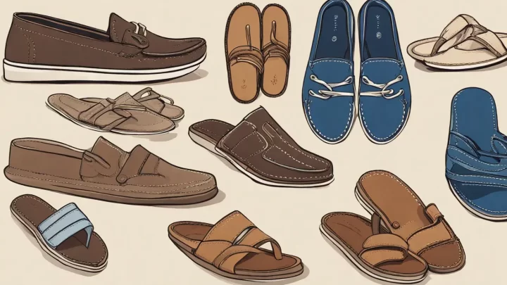 Coleção de sapatos masculinos de verão em piso de madeira com sandálias, tênis, mocassins e chinelos.