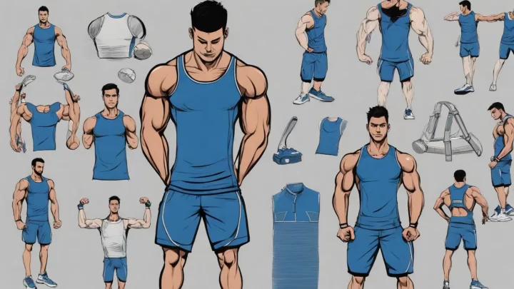 Homem musculoso em agachamento com halteres prateados, usando roupa de treino azul e preta, em academia moderna iluminada.