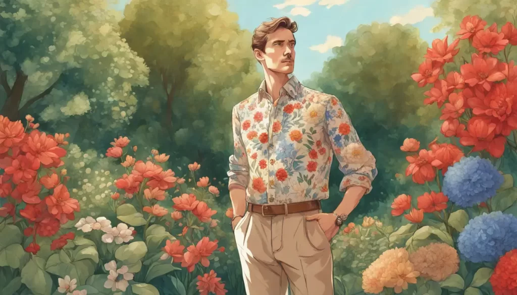 Homem em um jardim ensolarado com camisa floral vermelha e azul, calças bege e sapatos de couro marrons.