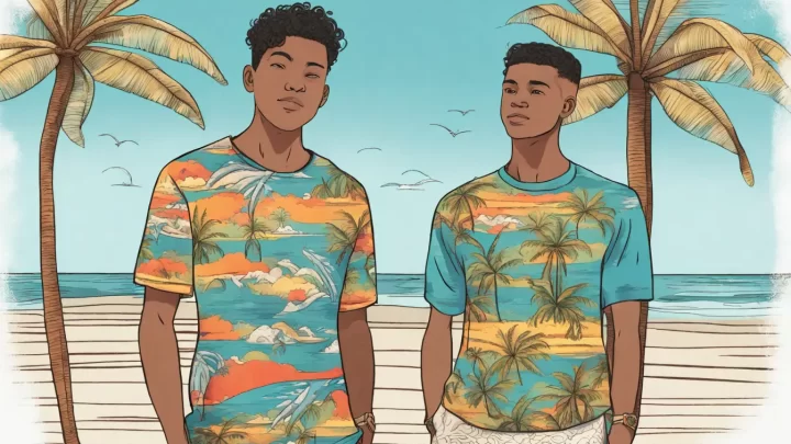 Jovem de cabelo curto usando camiseta estampada tropical em uma praia ensolarada com céu azul e palmeiras ao fundo.