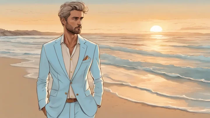 Homem elegante em traje de linho branco na praia ao pôr do sol com camisa azul clara e sapatos de couro.