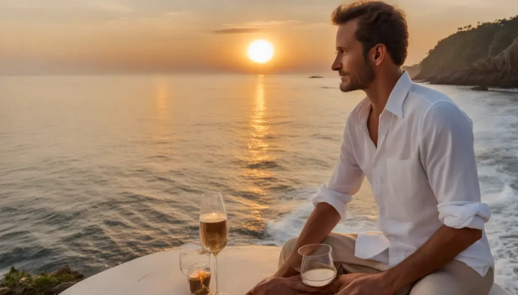 Homem com camisa de linho e calça de algodão na varanda com vista para o mar ao pôr do sol, segurando uma taça de champanhe.