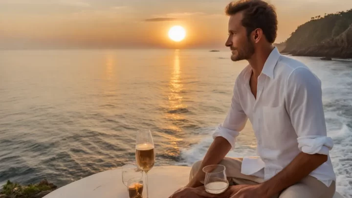 Homem com camisa de linho e calça de algodão na varanda com vista para o mar ao pôr do sol, segurando uma taça de champanhe.