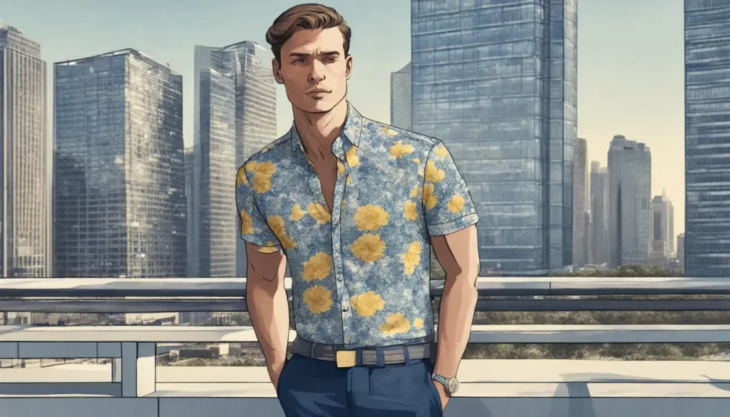 Homem moderno com camisa florida azul em uma paisagem urbana minimalista com arranha-céus ao fundo.