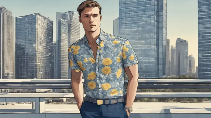 Homem moderno com camisa florida azul em uma paisagem urbana minimalista com arranha-céus ao fundo.