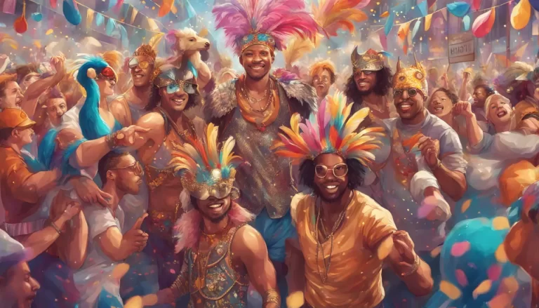 Homens em fantasias criativas no carnaval, incluindo cocares de penas, armaduras metálicas e macacões de animais, em meio a multidões festivas.